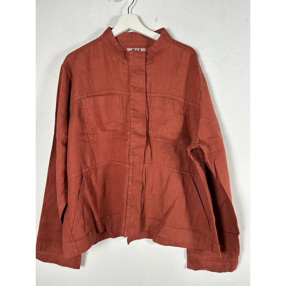 Flax Women’s Rust Linen Button-Up Military Jacket Pockets Large Lightweight NWOT